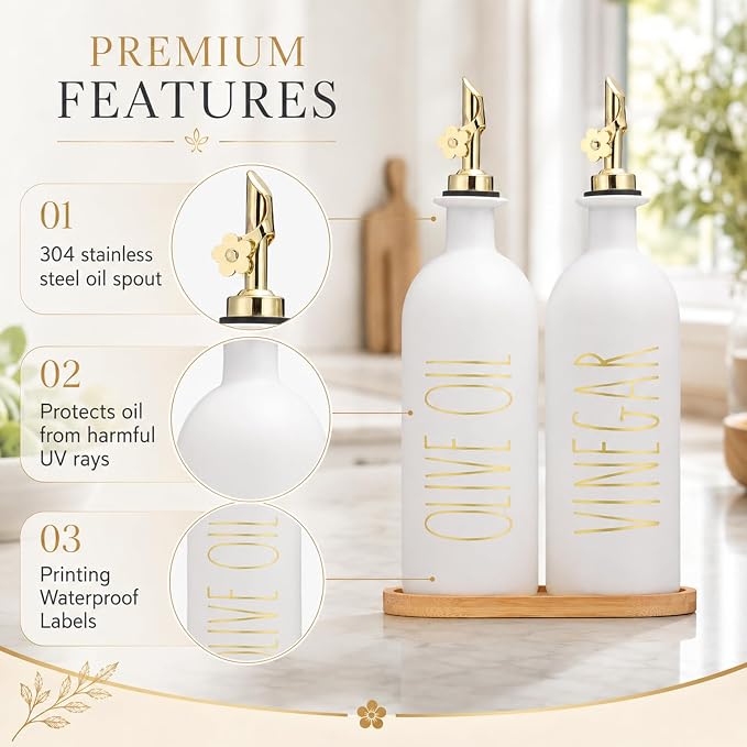 HOMCDALY 16oz Olive Oil Dispenser Bottles for Kitchen, Gold Oil&Vinegar Dispenser Set, Glass Oil Dispenser for Kitchen with Bamboo Tray | Set of 2 (16oz-P-Gold)