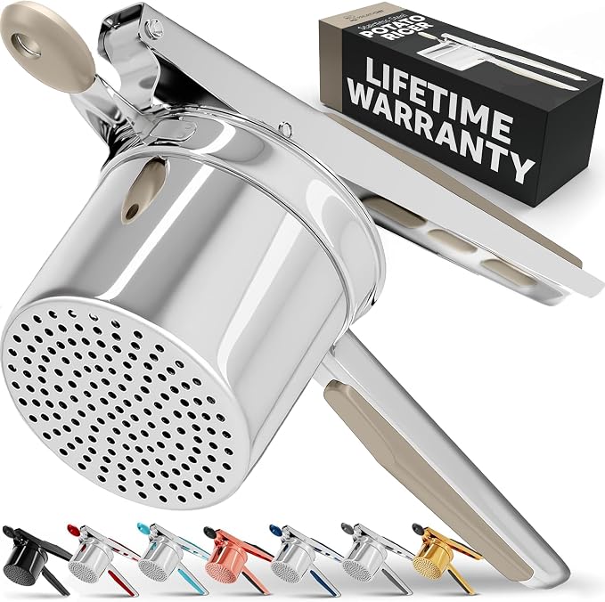 PriorityChef Large 15oz Potato Ricer, Heavy Duty Stainless Steel Potato Masher and Ricer Kitchen Tool, Press and Mash Kitchen Gadget For Perfect Mashed Potatoes - Everytime, Khaki