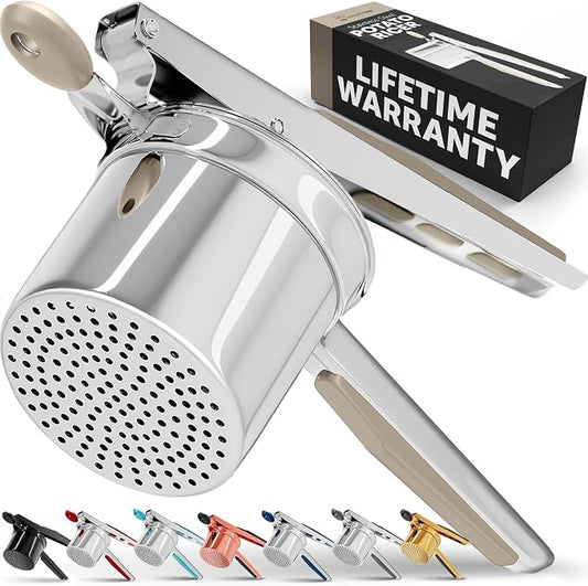 PriorityChef Large 15oz Potato Ricer, Heavy Duty Stainless Steel Potato Masher and Ricer Kitchen Tool, Press and Mash Kitchen Gadget For Perfect Mashed Potatoes - Everytime, Khaki