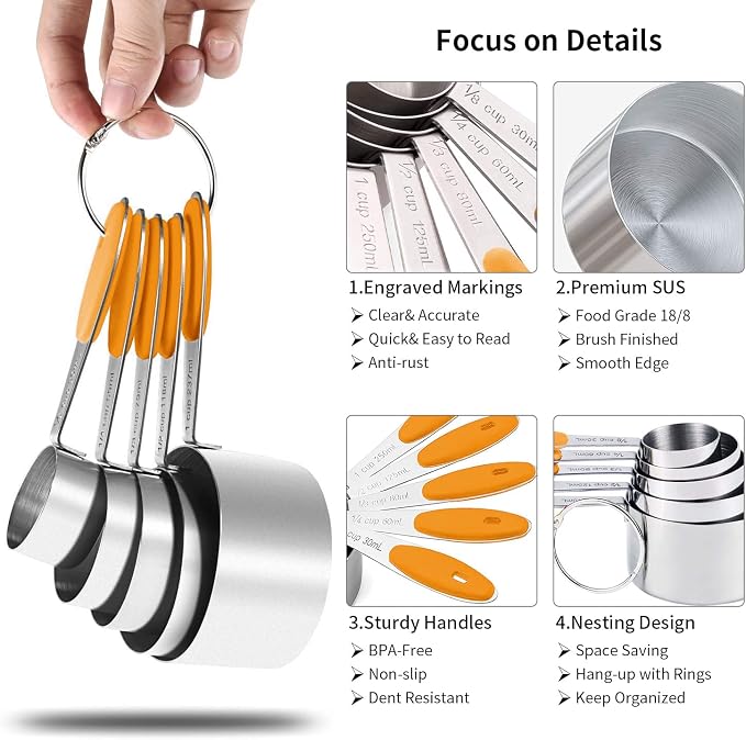 SEEK42 Measuring Spoons and Cups Set of 10 Pieces, Stainless Steel Measuring Utensils with BPA-Free Silicone Grips,Metal Scale Tools for Kitchen Cooking Baking, Dishwasher-Safe (Orange)