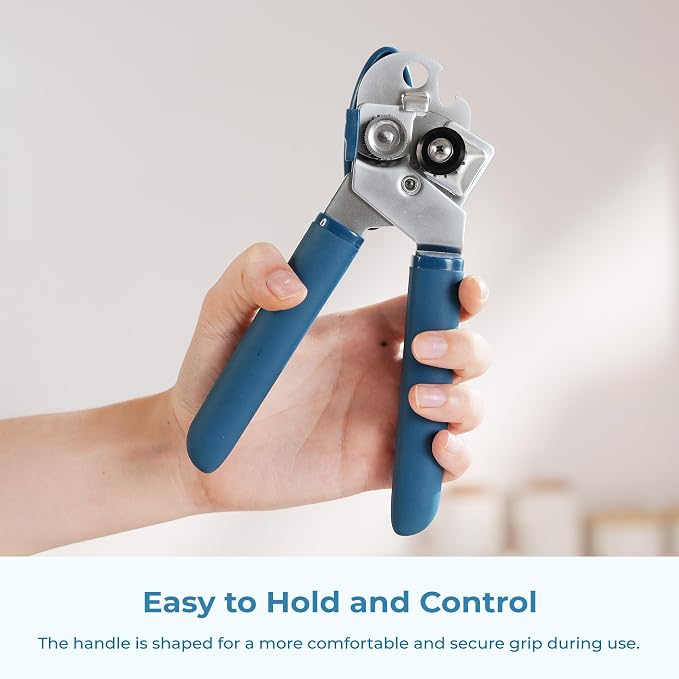 OOU Can Opener, Manual Stainless Steel Can Opener with Premium Zinc Alloy Construction, Large Turning Knob, Magnetic Lid Lifter and Ergonomic TPE Non-Slip Grip Handles, Blue