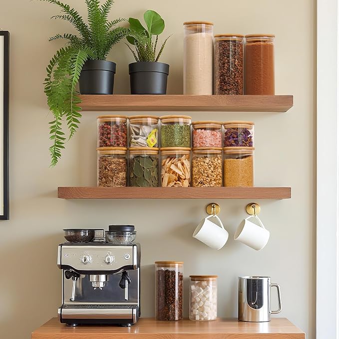 ComSaf Glass Storage Containers wtih Lids 1.5 Qt, Set of 3 Food Storage Jar | Glass Containers with Bamboo lids, Glass Canisters 45oz, Kitchen Cabinet Storage, Tea, Spice, Coffee, Dry Food, BPA Free
