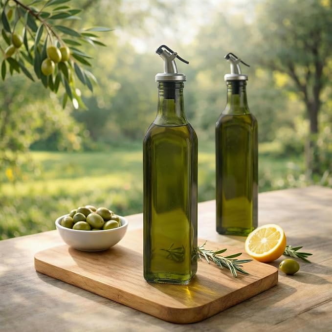 WERTIOO Green Oil Dispenser for Kitchen 1Pack, 17oz Olive Oil Dispenser Set | 500ml Oil and Vinegar Dispenser Set, Olive Oil Bottles for Kitchen, Glass Bottles for Vinegar, with Pourer, Funnel and Label