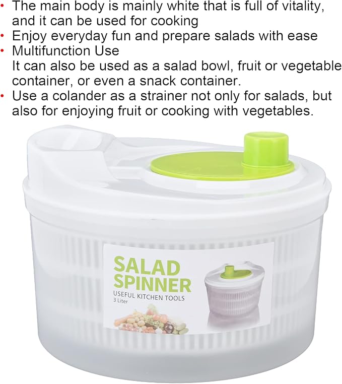 Salad Spinner, Large 3L Fruits and Vegetables Dryer Vegetable Washer Dryer Plastic Salad Drainer with Bowl Colander for Kitchen Faster Food Prep,