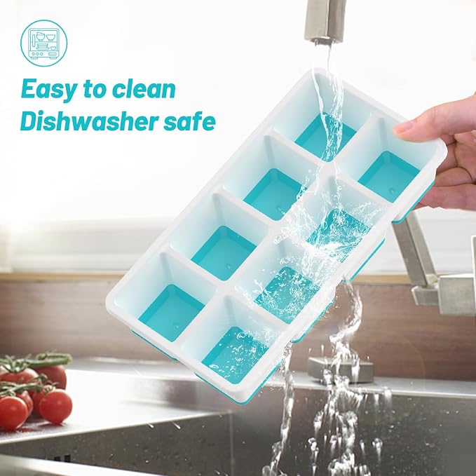 VEHHE Large Square Ice Cube Trays, 3 Pack Easy to Clean Ice Molds with Lid, Easy Release and Flexible Silicone 24-Ice Cube Molds (Blue)