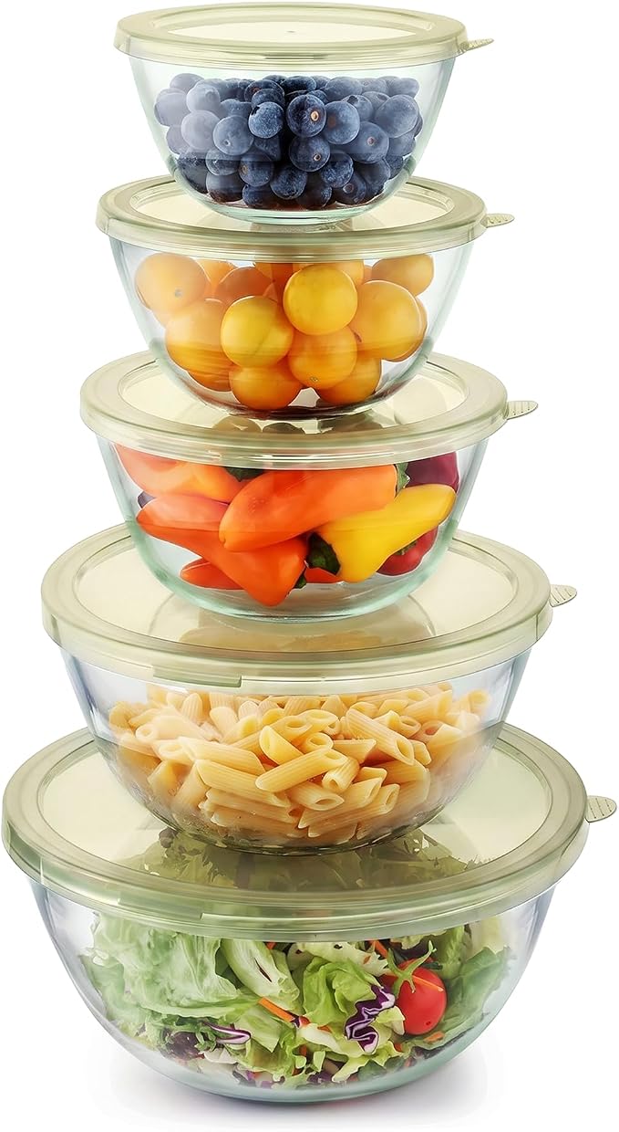 Cuiselect 5pc Glass Mixing Bowls with Lids Set (4.65QT, 2.80QT, 1.64QT, 1.16QT, 0.85QT), Nesting Salad Bowl, Glass Mixing Bowl for Cooking, Baking, Prepping-Dishwasher Microwave Freezer Safe(Green)