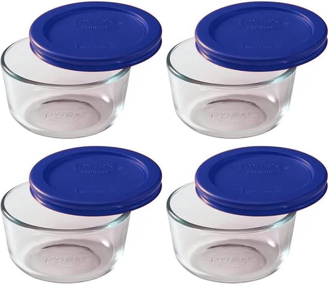 Pyrex 7202 1-Cup Glass Bowls With Cadet Blue Lids (4 Pack) - Made in USA | 7202-PC | Tempered Glass Construction | BPA-Free Plastic | Easy Clean Surface | Top-Rack Dishwasher Safe