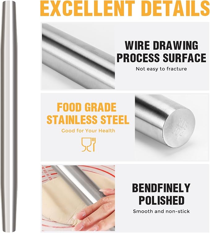 AMUZHI Smooth Seamless Stainless Steel Rolling Pin, 16.7in+Silicone mat | Easy to clean food grade metal, ideal for daily pizza, pie, pasta, dumpling and cookie dough household baking