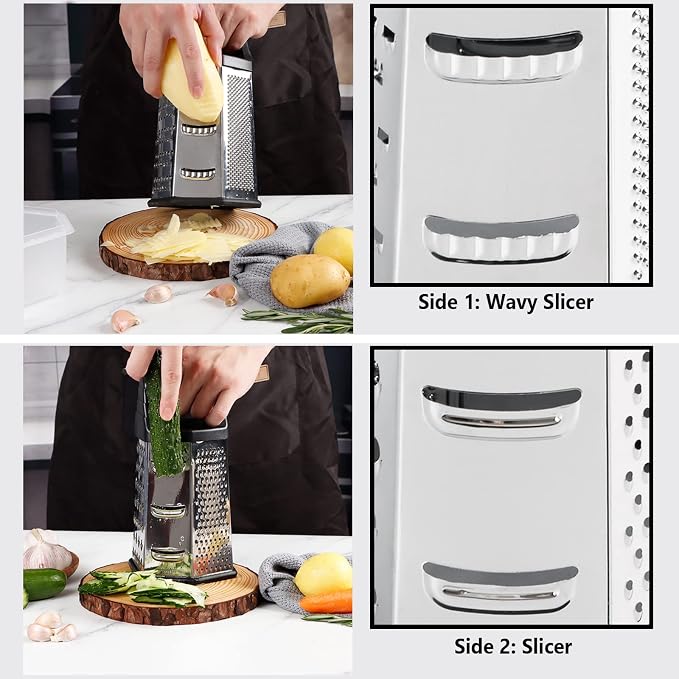 Box Grater, Cheese Grater Shredder Stainless Steel with 6 Sides, Best for Parmesan Cheese, Vegetables, Potatoes, Carrot, Ginger, Mandoline Vegetable Slicer with Detachable Container, Silver