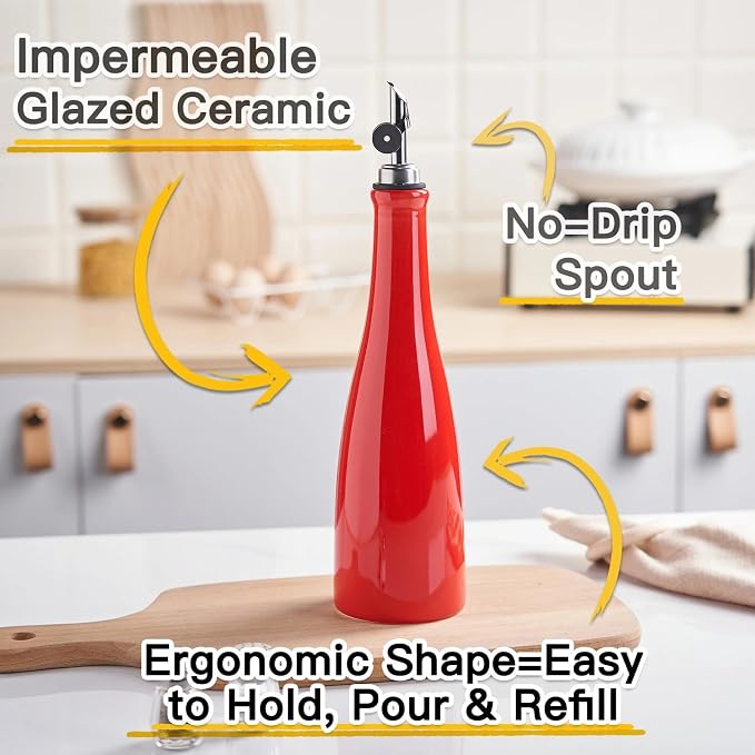 YOLIFE Olive Oil Dispenser Bottle, 17oz/500ml Ceramic Oil Bottle (Red) | Oil Dispenser with Gravity Spout, Leak Proof EVOO Dispensing Bottle with 2 Spouts and 1 Funnel for Vinegar, Kitchen