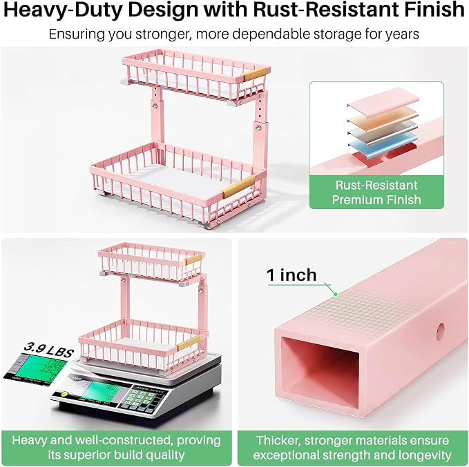 Kitstorack Under Sink Organizer, 2 Tier Under the Sink Storage, Slide out Pull out Cabinet Organizer Shelf, Metal Sliding Drawer for Kitchen Bathroom Pantry Closet Organization Rack, Pink, 1 Pack