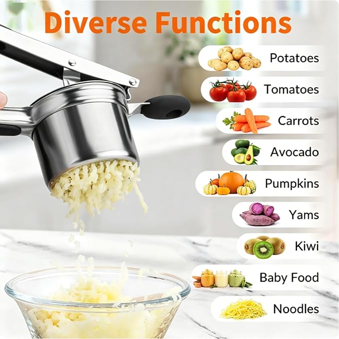 Potato Ricer Stainless Steel, 15 oz Heavy Duty Potato Masher with 4 Interchangeable Discs, Large Capacity Smooth Mashed Potatoes Press, Easy to Clean Kitchen Tool