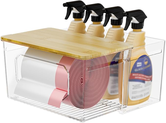 spospo Trash Bag Holder 2-in-1 Under Sink Organizer with Bamboo Lid | Acrylic Trash Bag Dispenser with Pull-Out Basket for Cleaning Supplies, Garbage Bag Holder for Kitchen Laundry Room Storage
