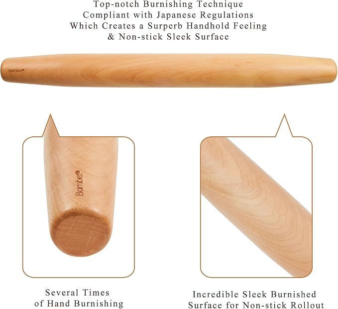 Bamber Wood French Rolling Pin for Baking Small Wooden Rolling Dowel Stick Dough Roller for Cookie Dumpling Pastry Pizza Tortilla, 13.4'' by 1.2''