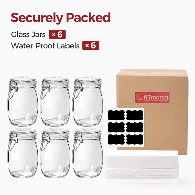 Glass Jars with Airtight Lids 34 oz 6 Pack Food Storage Pantry Round | Leak Proof,BPA-Free,Cereal Flour Sugar Rice Cookies Candy Nuts Snacks Dry Goods Storage, Pantry Organization, Pickling