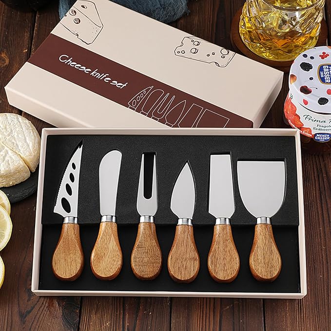 6 Pieces Cheese Knife Set,Cheese Knives Cheese Slicer Cheese Cutter Cheese Fork,Cheese Spreading Knife,Wood Handle Stainless Steel Slicer for Charcuterie Boards Cutlery Gift Set