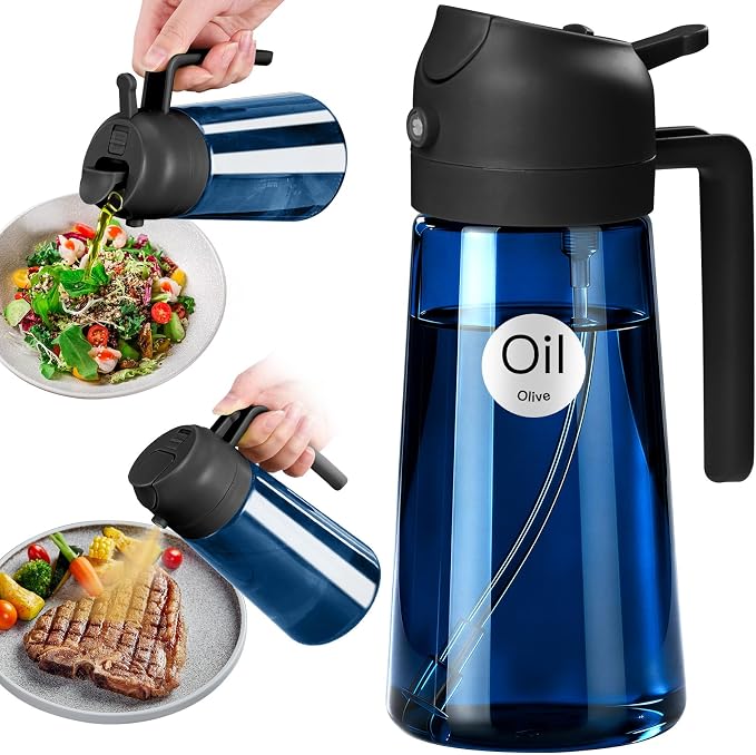 YARRAMATE 16oz/470ml Light-Blocking Dark Oil Sprayer for Cooking (Black) | 2 in 1 Olive Oil Dispenser Bottle for Kitchen, Premium Blue Glass Oil Bottle, Food-Grade Oil Mister for Air Fryer, BBQ