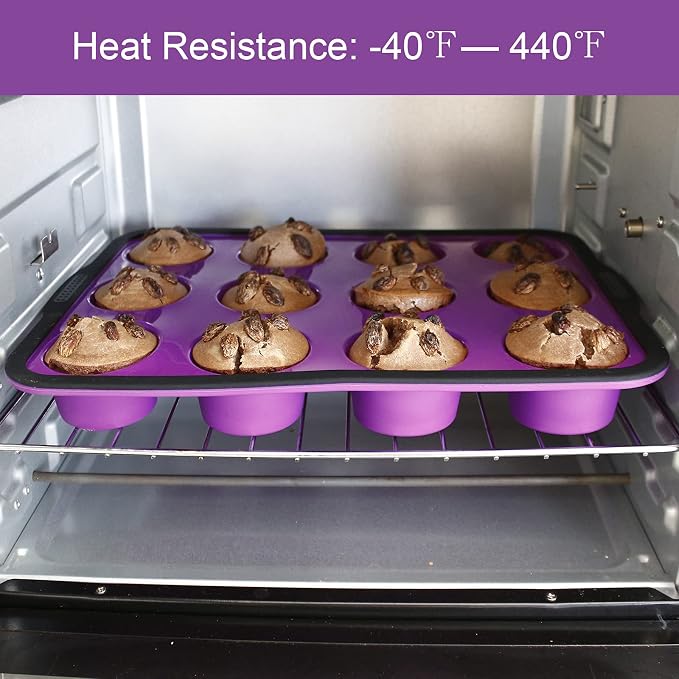 Aichoof Non-Stick Silicone Muffin Pan With Reinforced Stainless Steel Frame Inside,12 Cup Regular Muffin Baking Mold, 12 Cup Muffin Tin, BPA Free,Dishwasher Safe, Purple