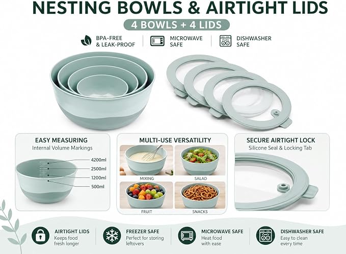 Pera Airtight Mixing Bowls with Lids, 8-Piece BPA-Free Nesting Prep Bowl Set for Kitchen & Food Prep, Large 4200ml Capacity, Microwave & Dishwasher Safe(Blue)