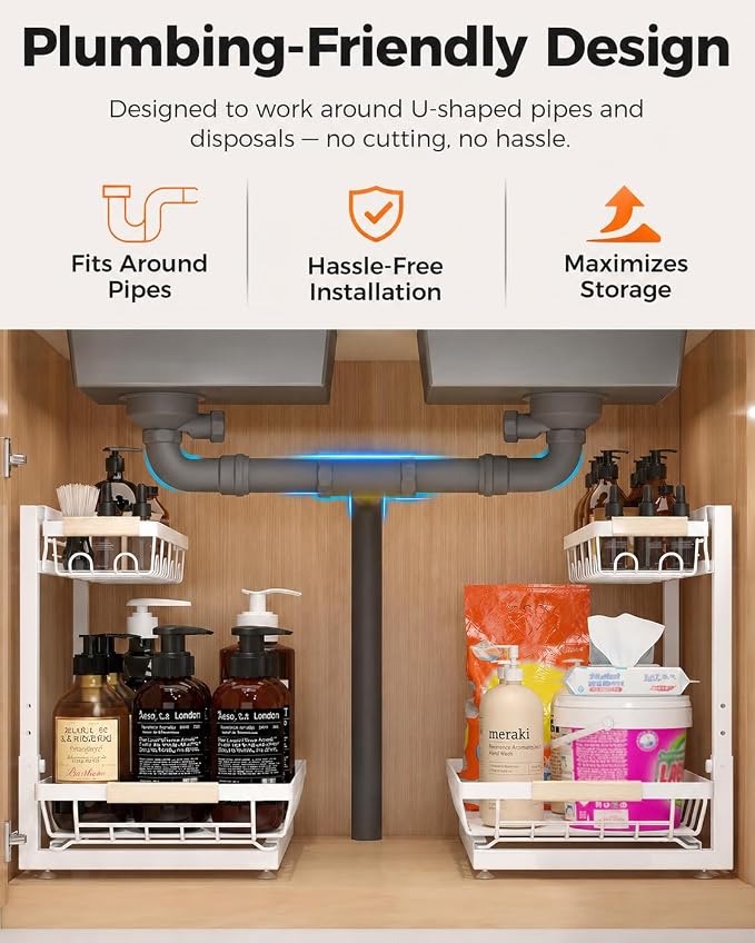 2-Pack 2-Tier Height Adjustable Under Sink Organizer & Storage | Multi-purpose storage for kitchen & bathroom cabinet. Large white shelf, height adjustable design for space-saving.