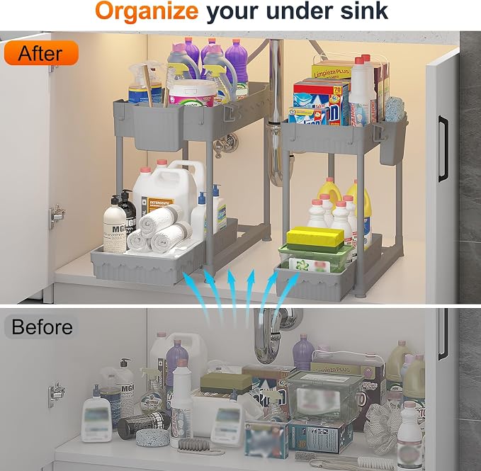 4-Pack 2-Tier Under Sink Organizer with Pull Out Drawers | Multi-use kitchen & bathroom storage. Includes hanging hooks and cups. Gray, space-saving cabinet design. 12.8 Inch