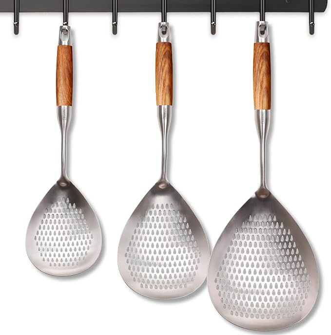 MARTE Skimmer Slotted Spoon Set of 3-304 Stainless Steel Spider Strainer Tools Ladle Spoon with Handle for Cooking and Frying - Kitchen Large Pasta Strainer Frying Colander - 14.8In,16.5In,17In