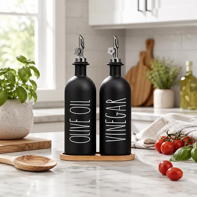 HOMCDALY 16oz Olive Oil Dispenser Bottles for Kitchen, Glass Black Oil&Vinegar Dispenser Set, Kitchen Olive Oil Bottles with Bamboo Tray| Set of 2 (16oz-P-Black)