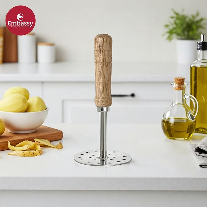 Embassy Stainless Steel Vegetable/Potato/Pav Bhaji Masher with Wooden Handle Size 3 Pack of 1 8.5 cms
