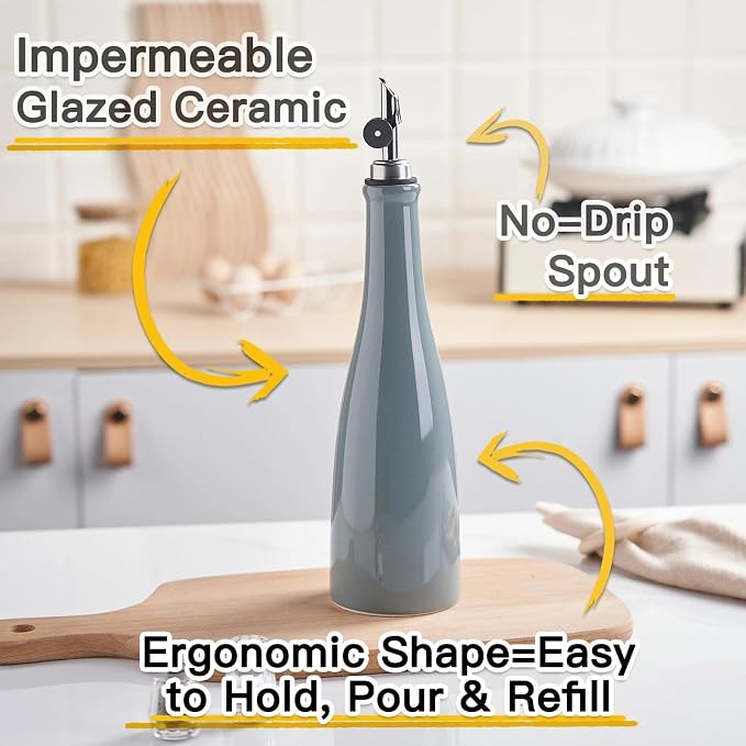 YOLIFE Olive Oil Dispenser Bottle, 15oz Ceramic Oil Dispenser for Kitchen | Oil Bottle with Gravity Spout, Leak Proof EVOO Dispensing Bottle with 2 Spouts and 1 Funnel for Vinegar, Juice(Gray)