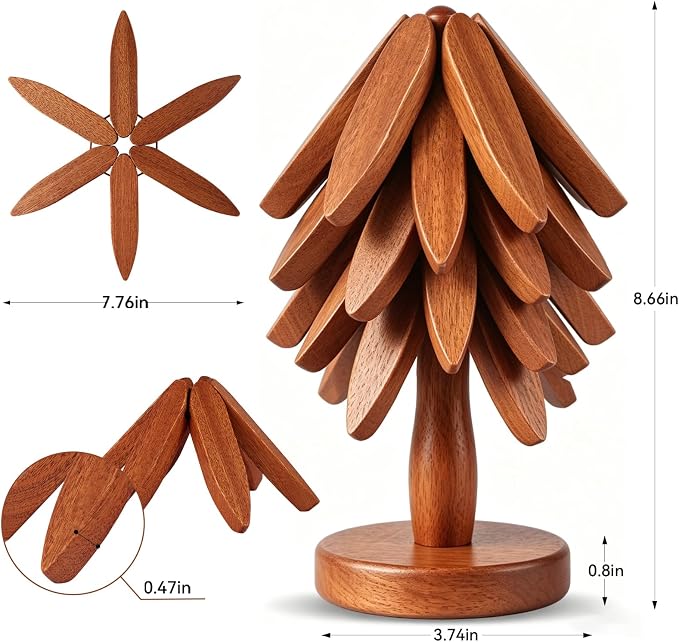 Wooden Tree Trivet Set - 4 Pcs Natural Wood Coasters Trivets for Hot Dishes, Christmas Tree Trivet for Hot Pots Pans, Artisanal Wooden Kitchen Accessories | Housewarming/Kitchen Gift