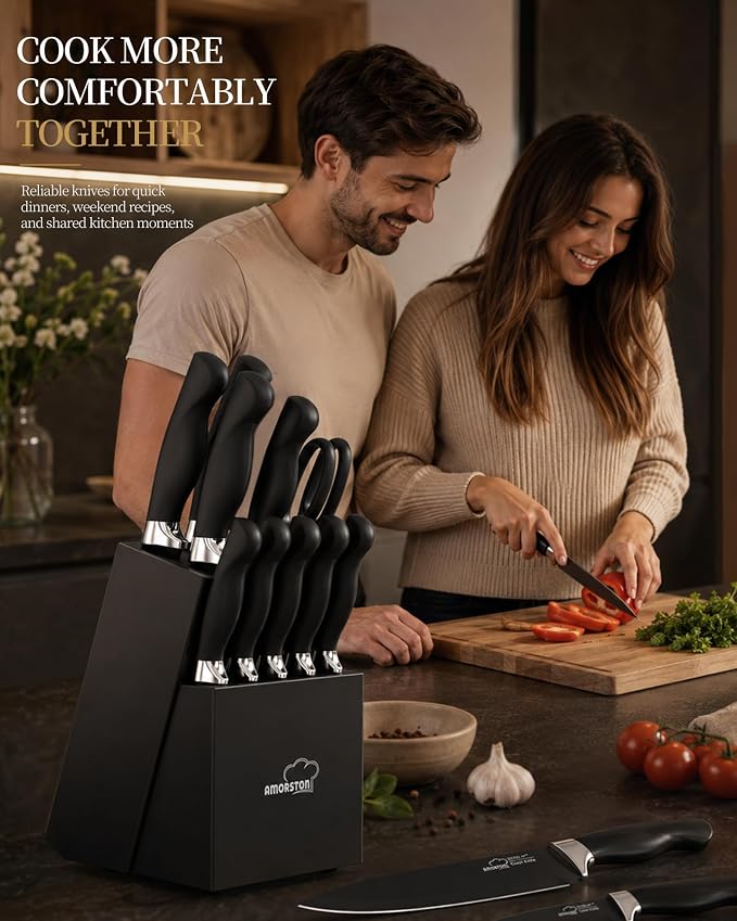 Amorston Knife Set, 15 Piece Kitchen Knife Set with Block and Built in Sharpener, German Stainless Steel Dishwasher Safe Knife Block Set, Black Kitchen Knives Set for Home Cooking