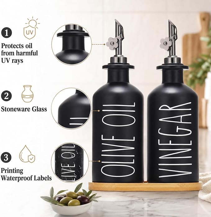 HOMCDALY Premium Olive Oil Dispenser for Kitchen, 11.8oz Glass Oil Bottles with Bamboo Tray, Black Oil&Vinegar Cruet Set, Kitchen Dispenser Bottles with Pourer | Set of 2 (11.8oz –P–Black)