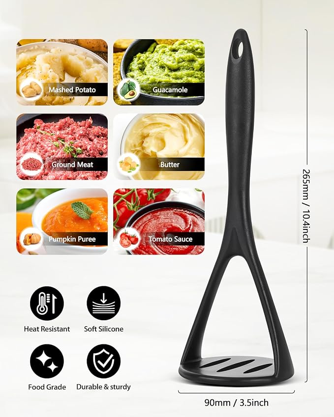 2-Pack Silicone Potato Masher - Heavy Duty, Non-Scratch, Dishwasher Safe | Mashing potatoes, avocado, baby food. Heat-safe 450°F. Soft-grip, BPA-free, seamless. Gentle on pans.