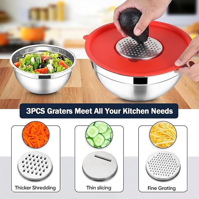 Mixing Bowls with Lids Set(Colorful-7 Sizes) | Stainless Steel,7 Sizes (0.7-4.5QT), with 3 Grater Attachments, Nesting, Dishwasher Safe, for Cooking, Baking and Serving