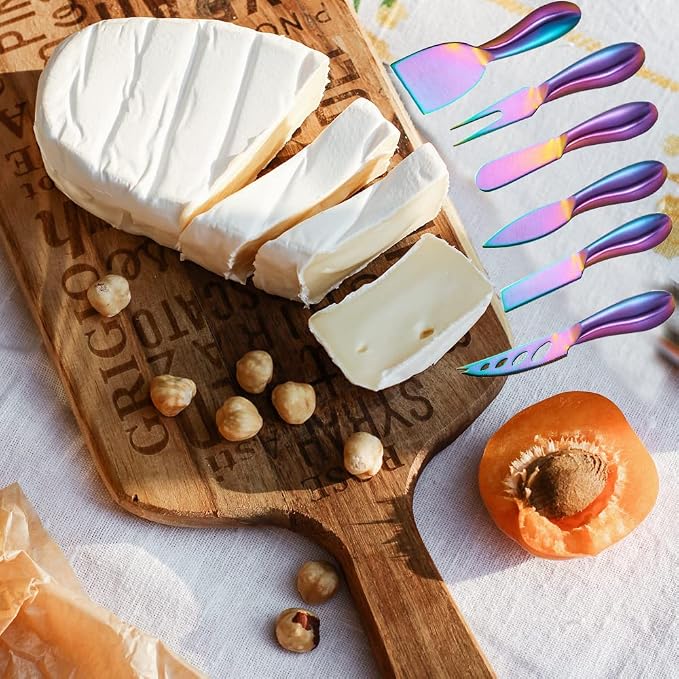 Premium 6-Piece Steel Cheese Knife Set - Rainbow Collection with Slicer, Cutter, Fork & Spreader