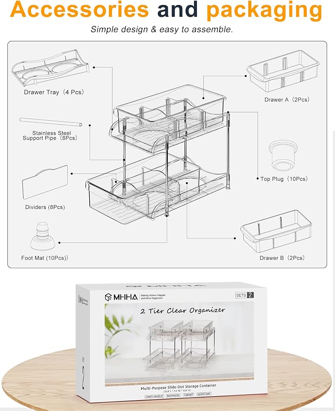 2-Pack 2-Tier Under Sink Organizers with Sliding Drawers | Multi-use kitchen & bathroom storage, 10.6 inch clear cabinet organizer, space-saving sliding drawer design.