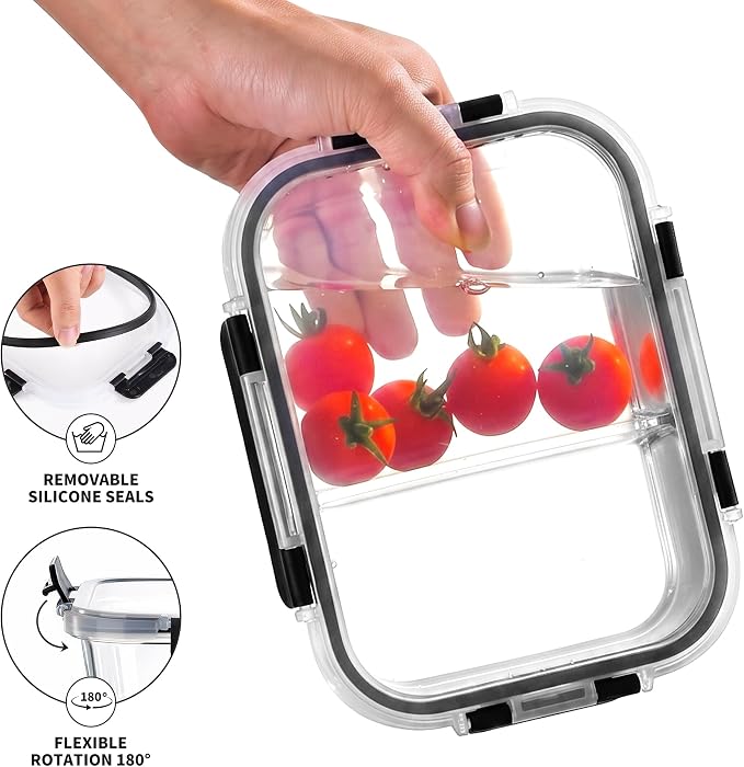 8 Pack 2 Compartment 30oz Borosilicate Glass Meal Prep Containers with Lids | Glass Food Storage Containers Set, Airtight Lunch Bento Boxes, BPA-Freefree & Leak proof, Dishwasher Freezer, Oven Safe