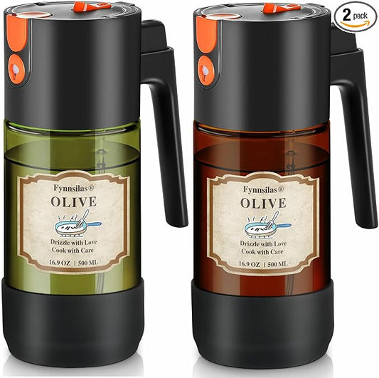 2-IN-1 Oil Sprayer for Cooking with 8 Stickers Light-Blocking Dark Glass Olive Oil Dispenser Bottle for Kitchen 500ml/16.9oz Oil Mister for Air Fryer, BBQ,Salad Even Spray with Portion Control-2PC