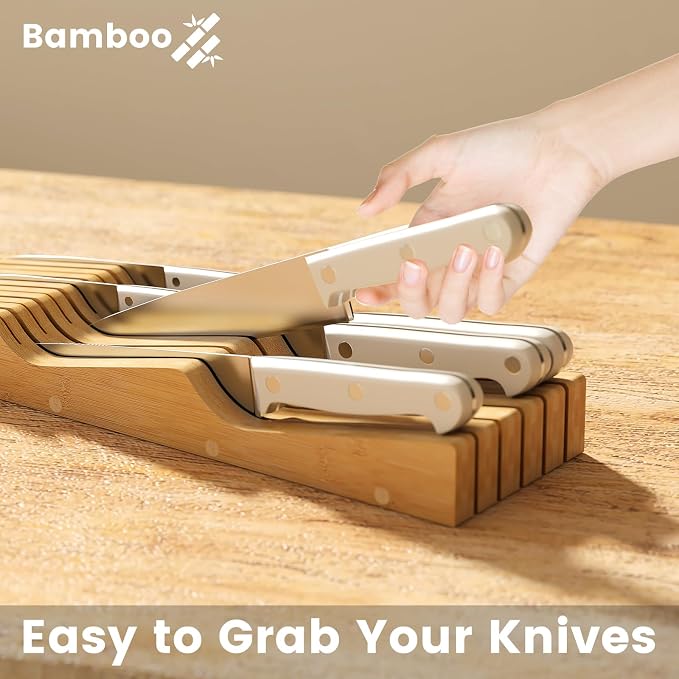Bamboo In-Drawer Knife Block for 11 Knives(Not Included), Knife Drawer Organizer,Knife Holder Countertop,Block Knife Storage Organizer for Kitchen
