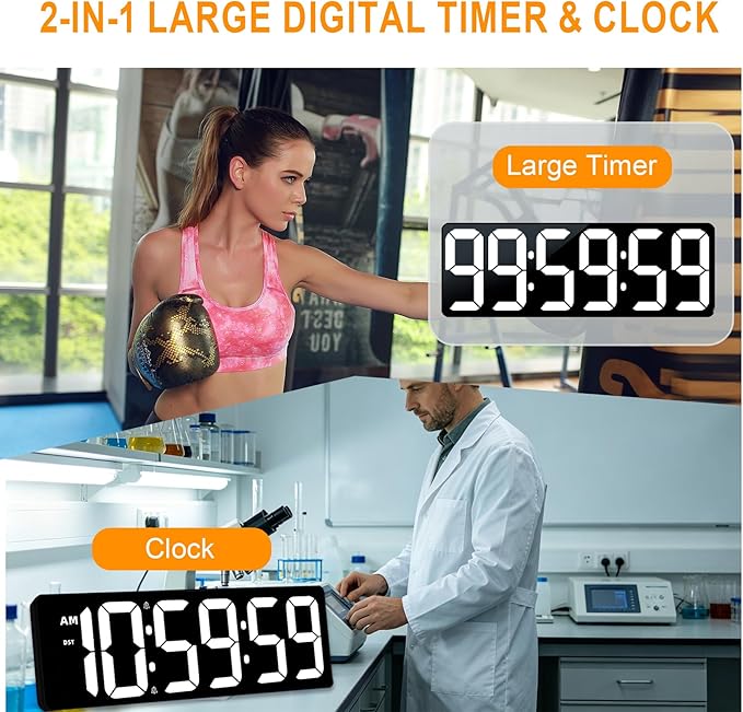 TXL 17.2" Large Digital Timer Clock, Countdown Timer for Classroom Home Gym Kitchen Office, LED Wall Clock with Remote Control, 4 Dimmable Brightness, 12/24H, Auto DST(White)