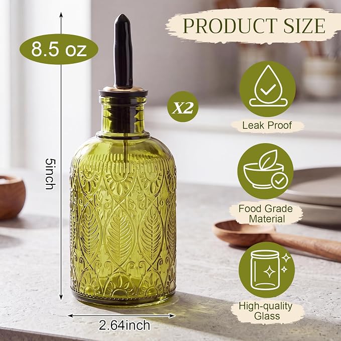FoldTier 2 Glass Oil Bottles 8.5oz Olive Oil Dispenser Bottle with Metal Spout and Lid Elegant Glass Cooking Dispenser for Kitchen Maple Honey Syrup Vinegar and Sauces (Dark Green)
