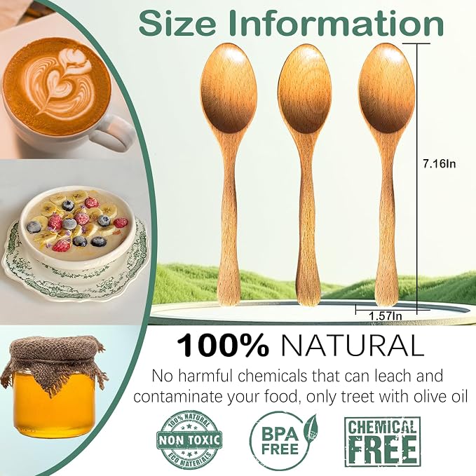 3 PCS Beech Wood Spoon, 7 Inch Wooden Spoons for Eating, Small Pointed Wooden Soup Spoons Set for Mixing Stirring, Handmade Wooden Tablespoon Dining Spoons for Coffee,Honey,Tea,Rice,Cereal,Dessert