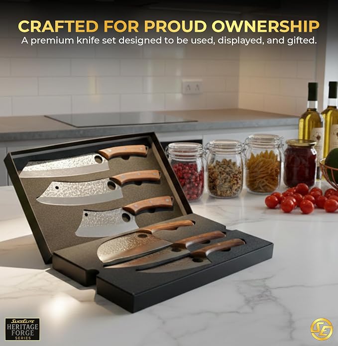 SliceElite Hand-Forged Professional Butcher Knife (6 PC SET WITH AFRICAN PEAR WOOD HANDLES)