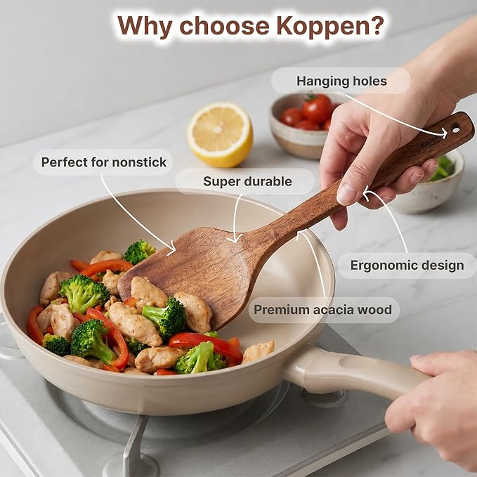 Koppen Dishwasher Safe Wooden Kitchen Utensils Set, 5 Pcs Acacia Wood Spoon Utensils for Nonstick Cookware, Resist Water Absorption & Crack Resistant, Long-Lasting, Non-Toxic for Everyday Cooking