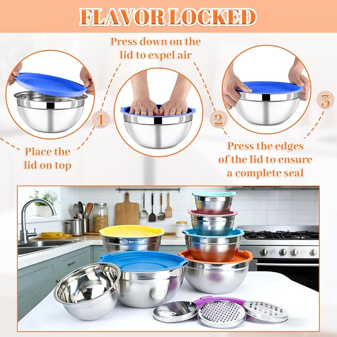 21PCS Mixing Bowls with Lids Set - 7 Nesting Mixing Bowls, 3 Graters, 11 Baking Tools, Lids, Stainless Steel Mixing Bowl for Mixing & Baking, Size 0.7/1.1/1.5/2.1/3.5/4/4.5 QT, Colorful