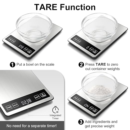Fuzion Food Kitchen Scale 22lb/0.1oz - Food Scale 7 Units, Tare & Timer | Rechargeable, Tempered Glass+ Stainless Steel, Digital Kitchen Scale Grams and oz for Weight Loss, Cooking, Baking, Meal Prep