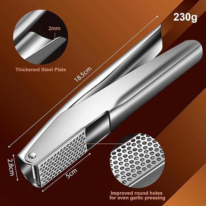 Garlic Press Stainless Steel, Garlic Crusher, Dishwasher Safe | 304 stainless steel, no peeling, ergonomic handles, dishwasher safe, 5 cm chamber