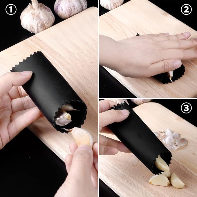Garlic Press Rocker - Rust Proof & Dishwasher Safe Garlic Mincer, Stainless Steel Garlics Crusher Chopper Set with Peeler Brush, Easy to Clean and Squeeze, Masher for Garlics, Ginger, Spices