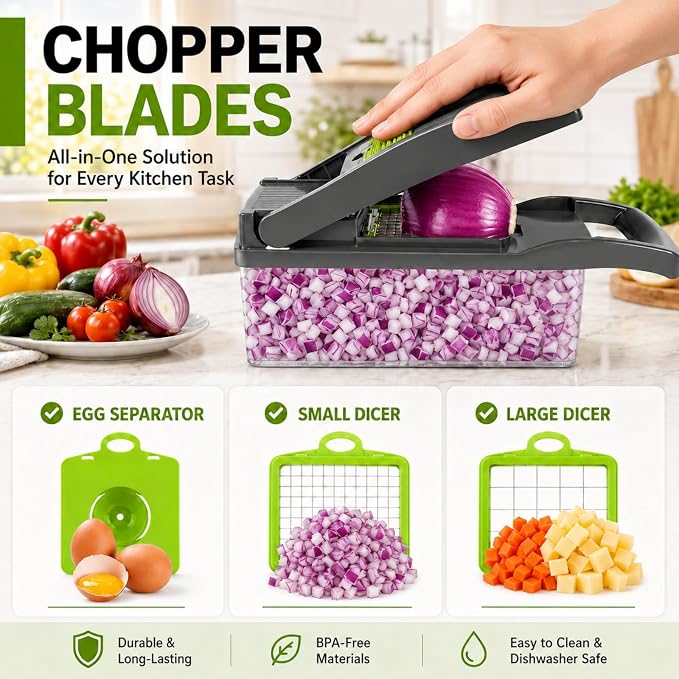 Vegetable Chopper, Onion Dicer & Mandoline Slicer with Container, Grey | Veggie Cutter with 8 Stainless Steel Blades & Drain Basket. Fast Food Chopper for Salad, Potato, Tomato, Cucumber & Carrot