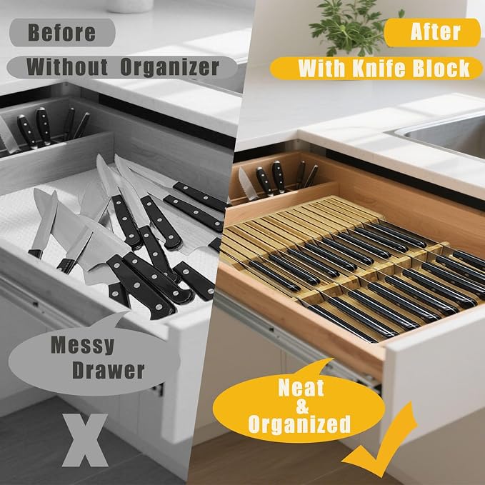 Natural Bamboo In-Drawer Knife Block, 17 Slot Large Capacity Knives Organizer, Upper and Lower Kitchen Steak Knife Storage Rack - Holds 8 Short + 9 Long Knives